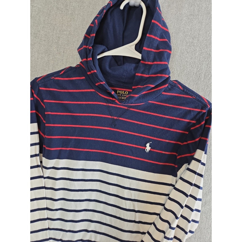 Polo Ralph Lauren Striped Rugby Hoodie Boys M 10-12 Red White Blue Stripe Logo